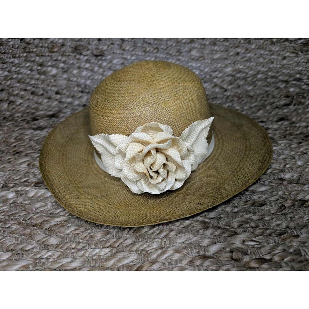 Women's Tan Straw Sun Hat with Cream Floral Trim